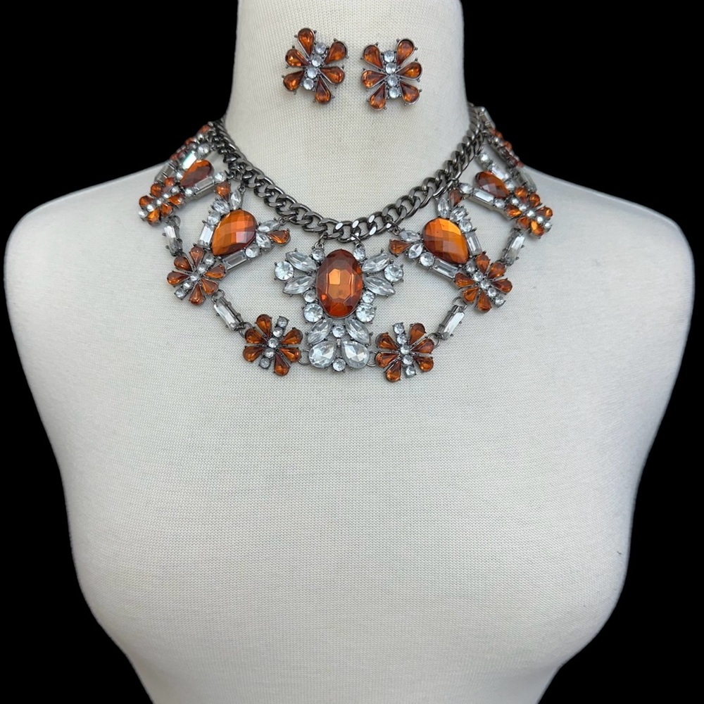 Large Brown Clear Rhinestone Statement Gun Metal Necklace Earrings Set - Picture 2 of 3